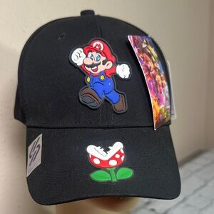 Super Mario Baseball Cap Hat Black with Piranha Plant Patch Adjustable Back NEW